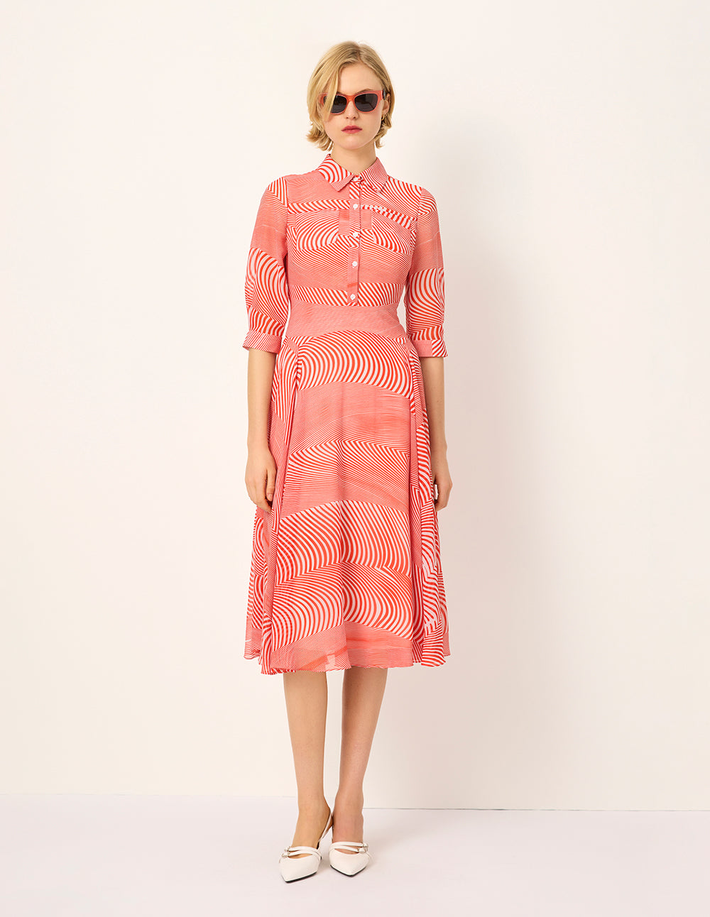 MARYLING Half-Sleeve Striped-Print Pleated Midi Shirt Dress