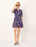 MARYLING V-Neck Puff Short Sleeve Striped Print Pleated Flounce Midi Dress