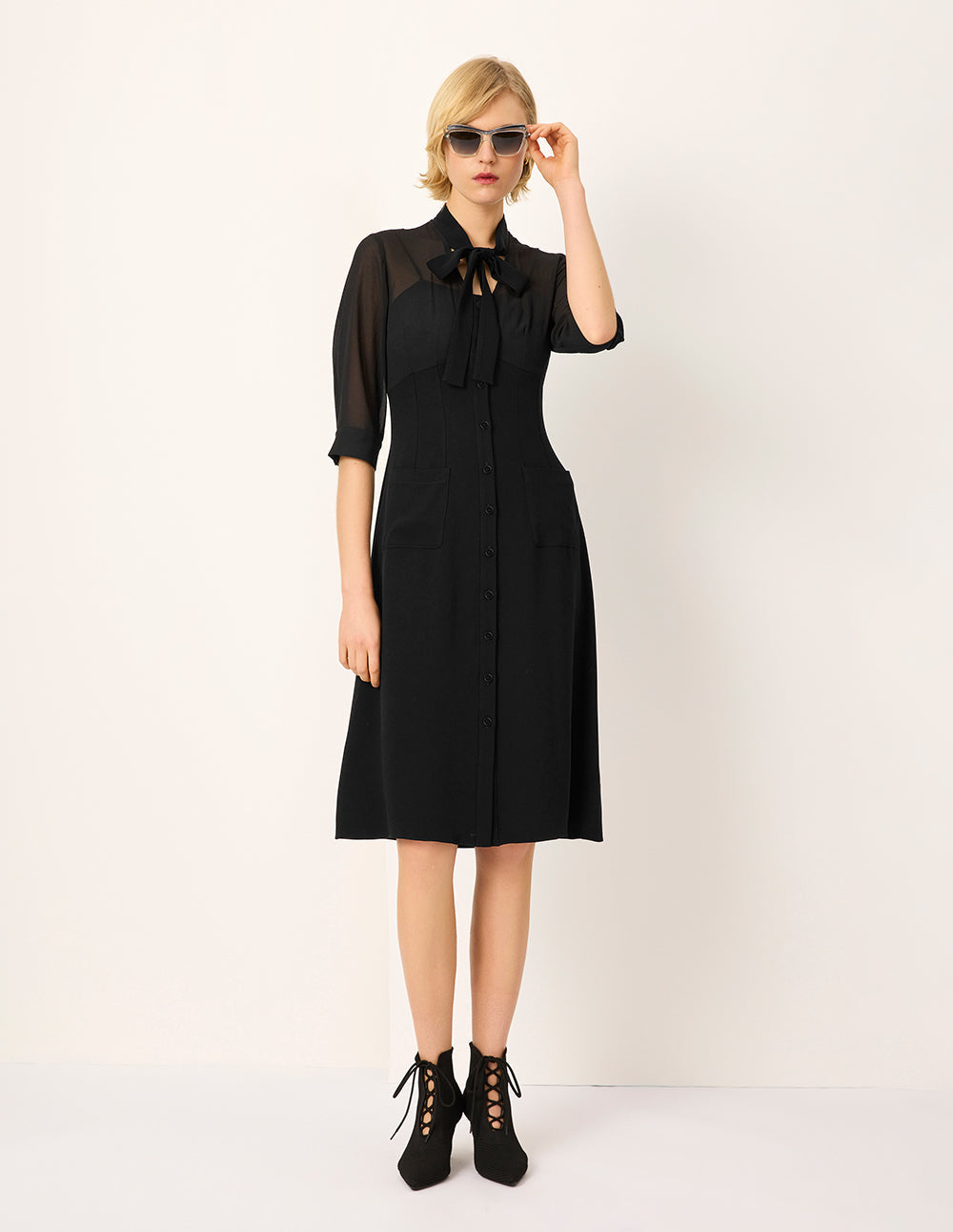 MARYLING Tie Half-Sleeve A-Line Midi Black Shift Dress