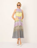 MARYLING Rhombus Print Sleeveless Empired Midi Silk Dress