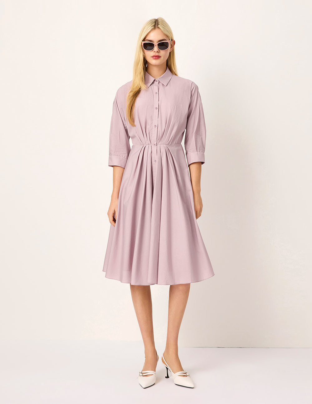 MARYLING Dusty Pink Long-Sleeve Pleated Midi Shirt Dress