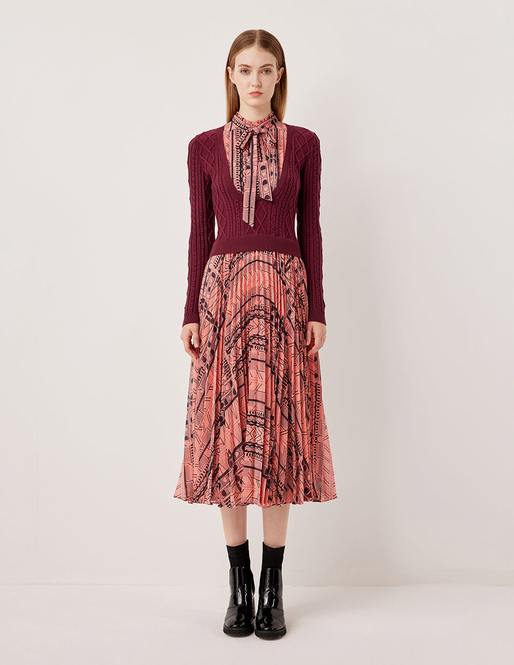 MARYLING Ruffled Turtleneck Tie-Up Printed Patchwork Pleated Knit Midi Dress