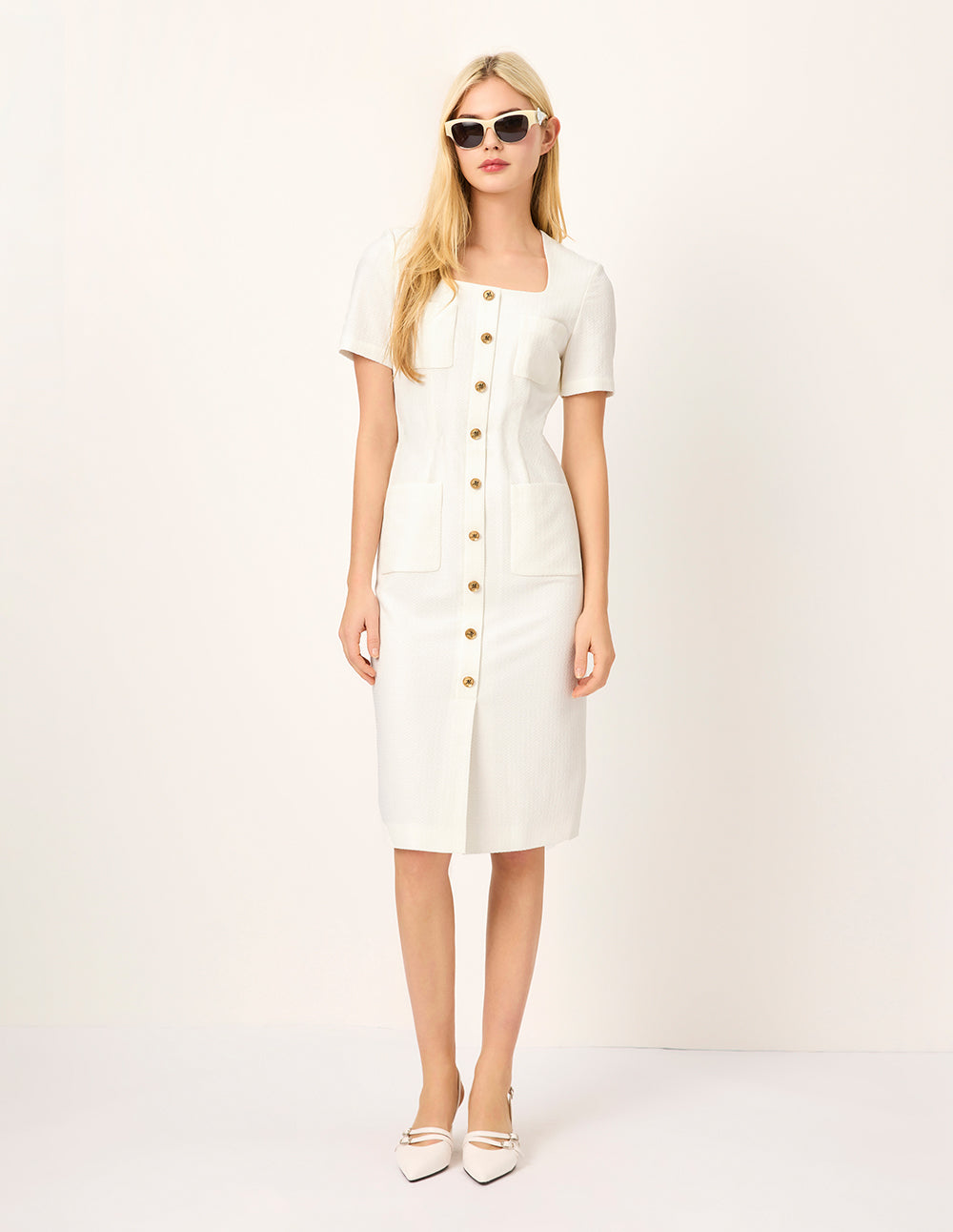 MARYLING Square Neck Short Sleeve Straight Midi Dress