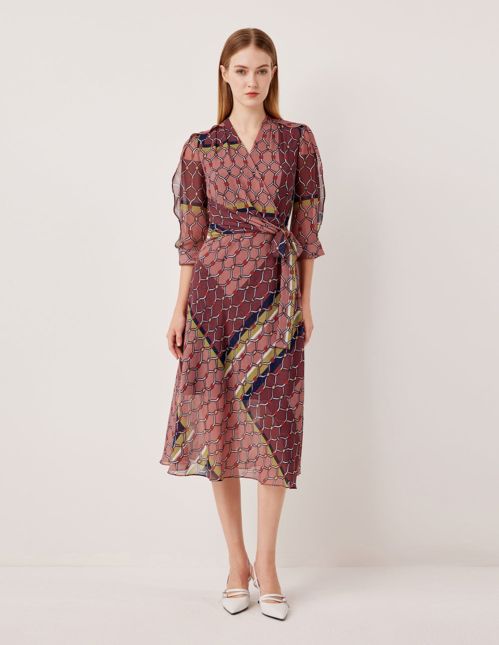 MARYLING V-Neck 3/4 Sleeve Wrap Midi Dress with Geometric Print