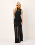 MARYLING Round Neck Sleeveless Sheer Side-Pleated Maxi Dress