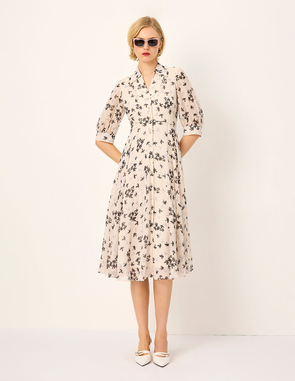 MARYLING Palm Tree Print Short Sleeve Pleated Midi Dress