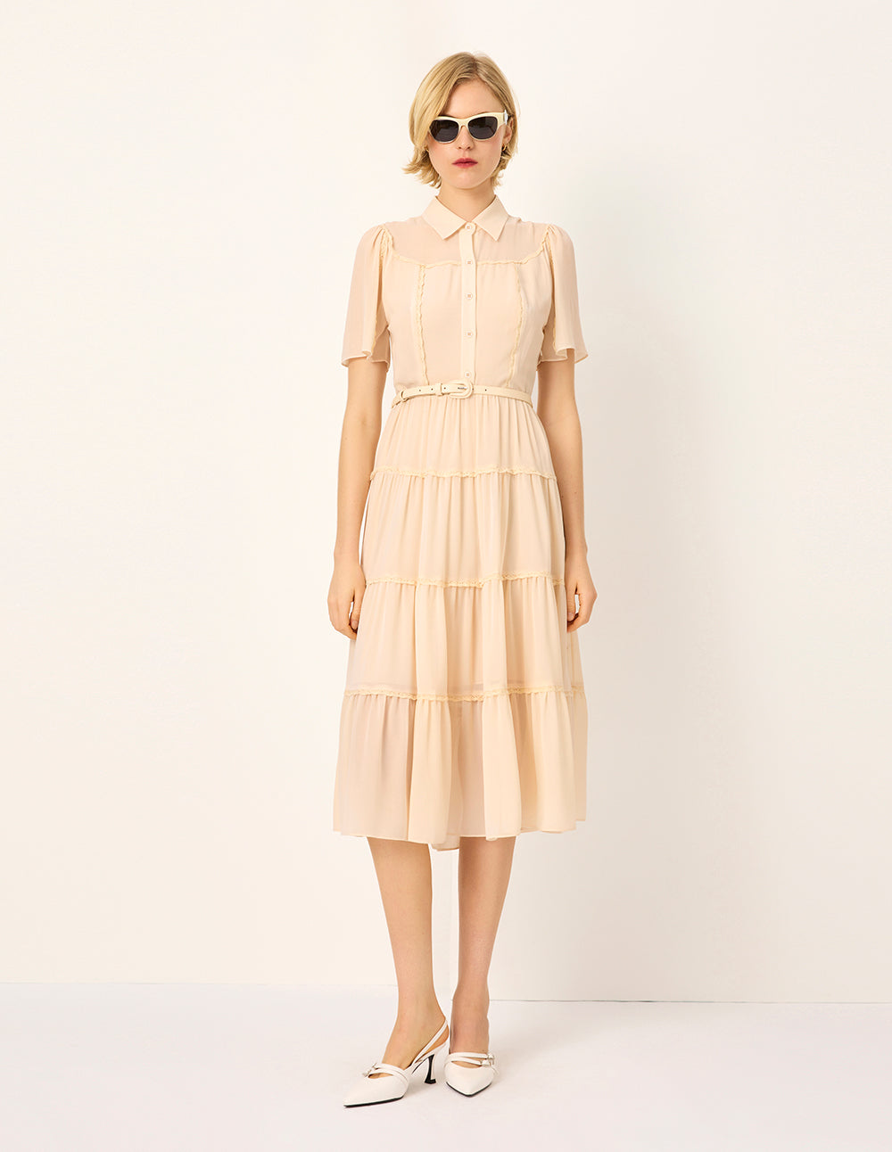 MARYLING Lapel Short Sleeve Ruffle Trim Pleated Tiered Silk Midi Shirt Dress