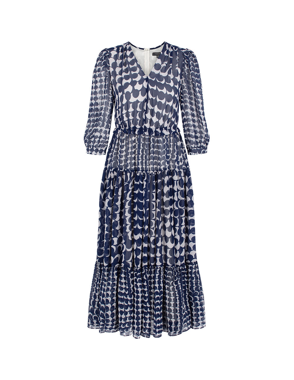 MARYLING V-Neck Ruffle Empire-Waist Spot Printed Pleated Midi Dress