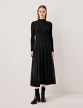MARYLING Round Neck Long Sleeve Patchwork Wool Pleated Midi Knit Dress