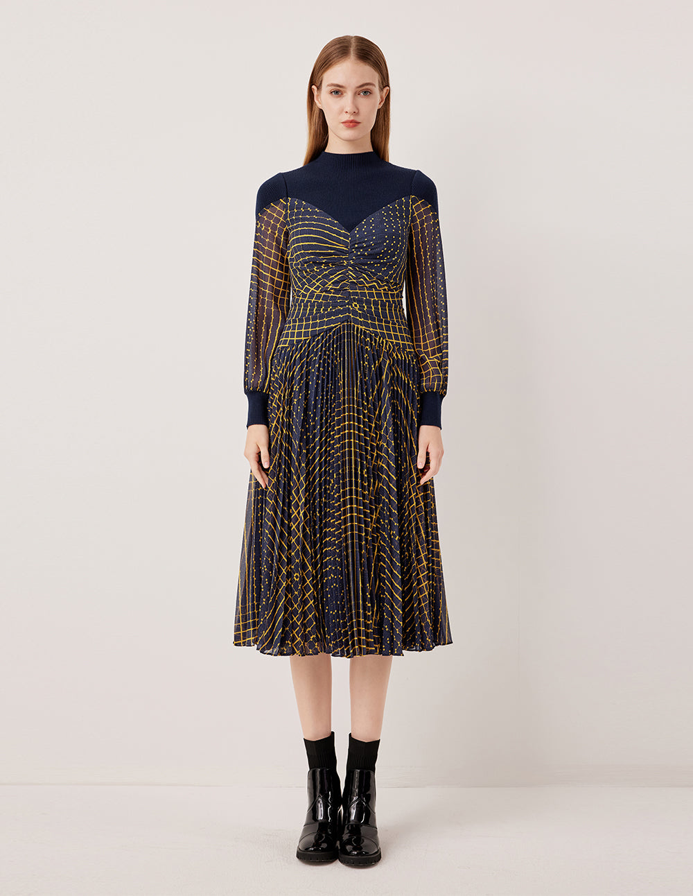 MARYLING Round Neck Knit Patchwork Plaid Pleated Midi Dress