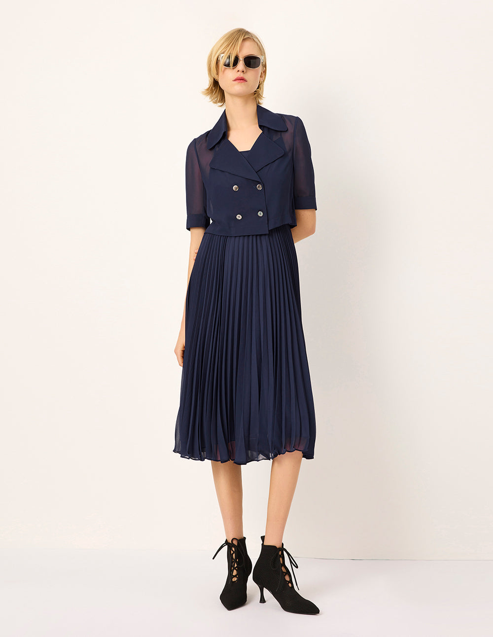 MARYLING Structured Collar Double-breasted Trench-Inspired Faux Two-Piece Pleated Midi Dress