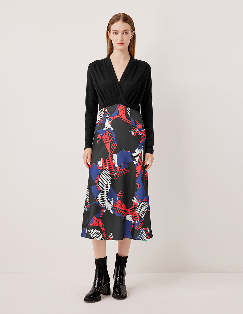 MARYLING V-Neck Long Sleeve Patchwork Printed Knit Dress