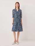 MARYLING V-Neck Puff Sleeve Pin Tuck Glass-Bead Print Shirt Dress