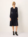 MARYLING V-Neck Long-Sleeve Wrap Tie-Waist Pleated Midi Dress
