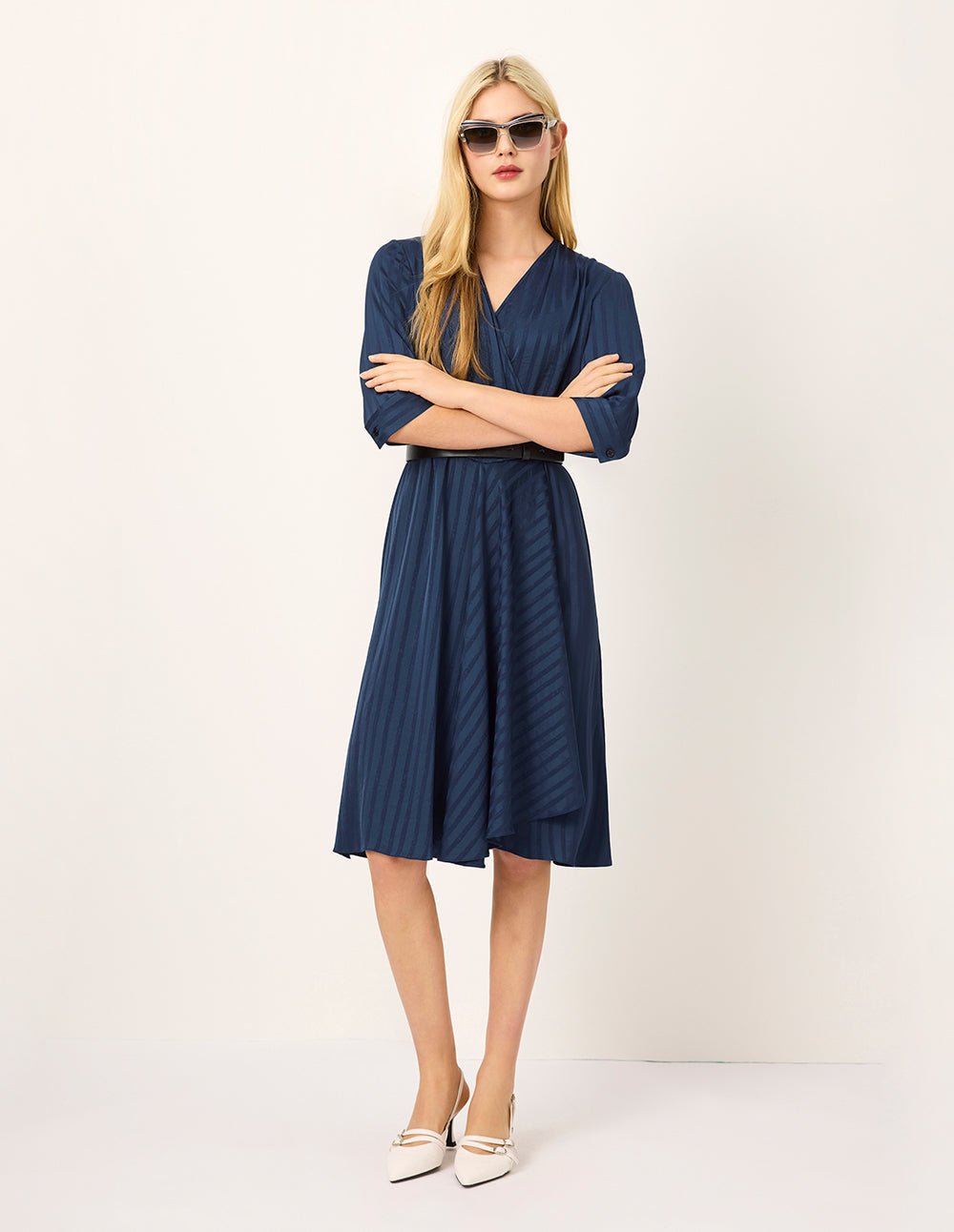 MARYLING V-Neck Short-Sleeve Striped Pleated Midi Wrap Dress