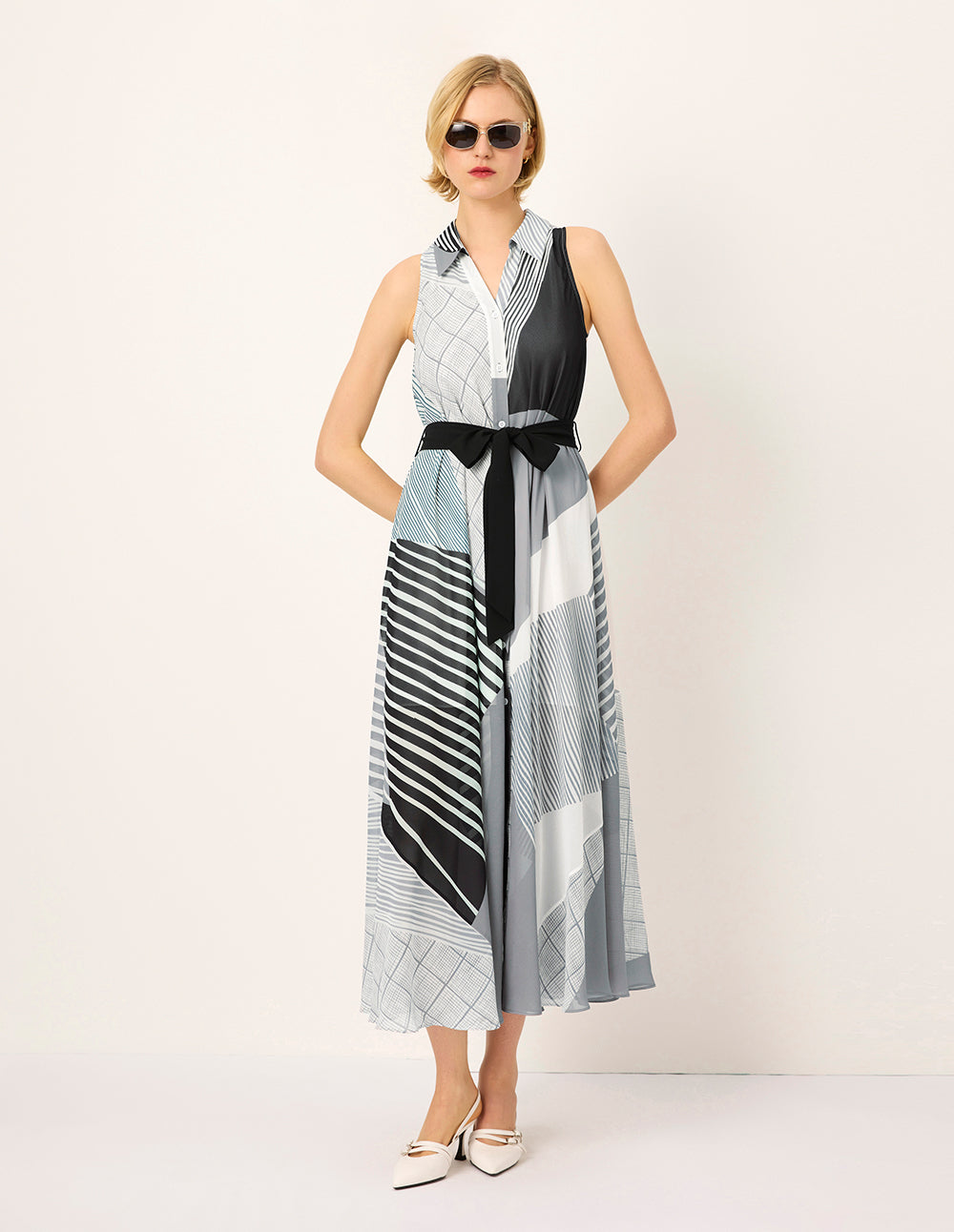 MARYLING Lapel sleeveless striped Print Midi Dress