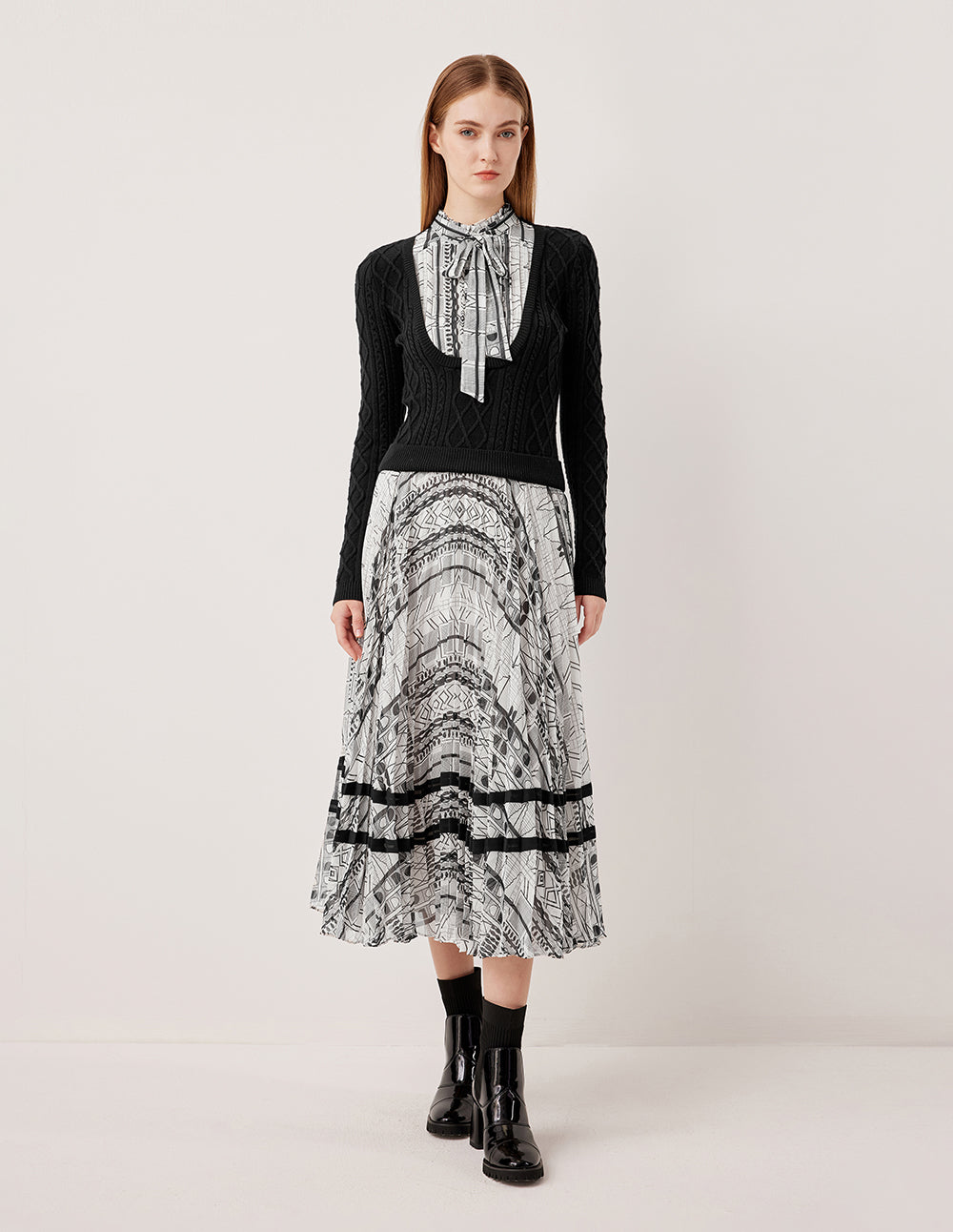 MARYLING Stand Collar Tie-Front Print Knit Midi Dress