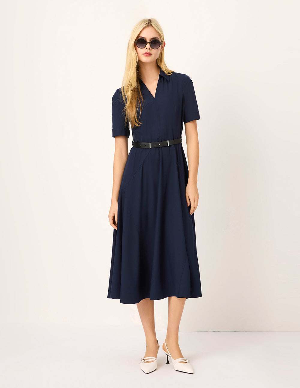 MARYLING Lapel Short-Sleeve Empire-Waist Pleated Dress