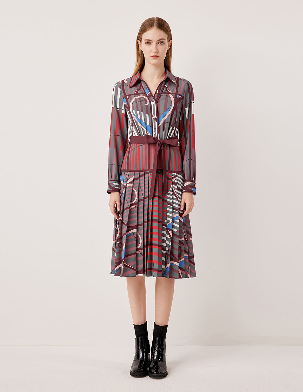 MARYLING Collared Pink-Purple Contrast Abstract Stripe Belted Long Shirt Dress