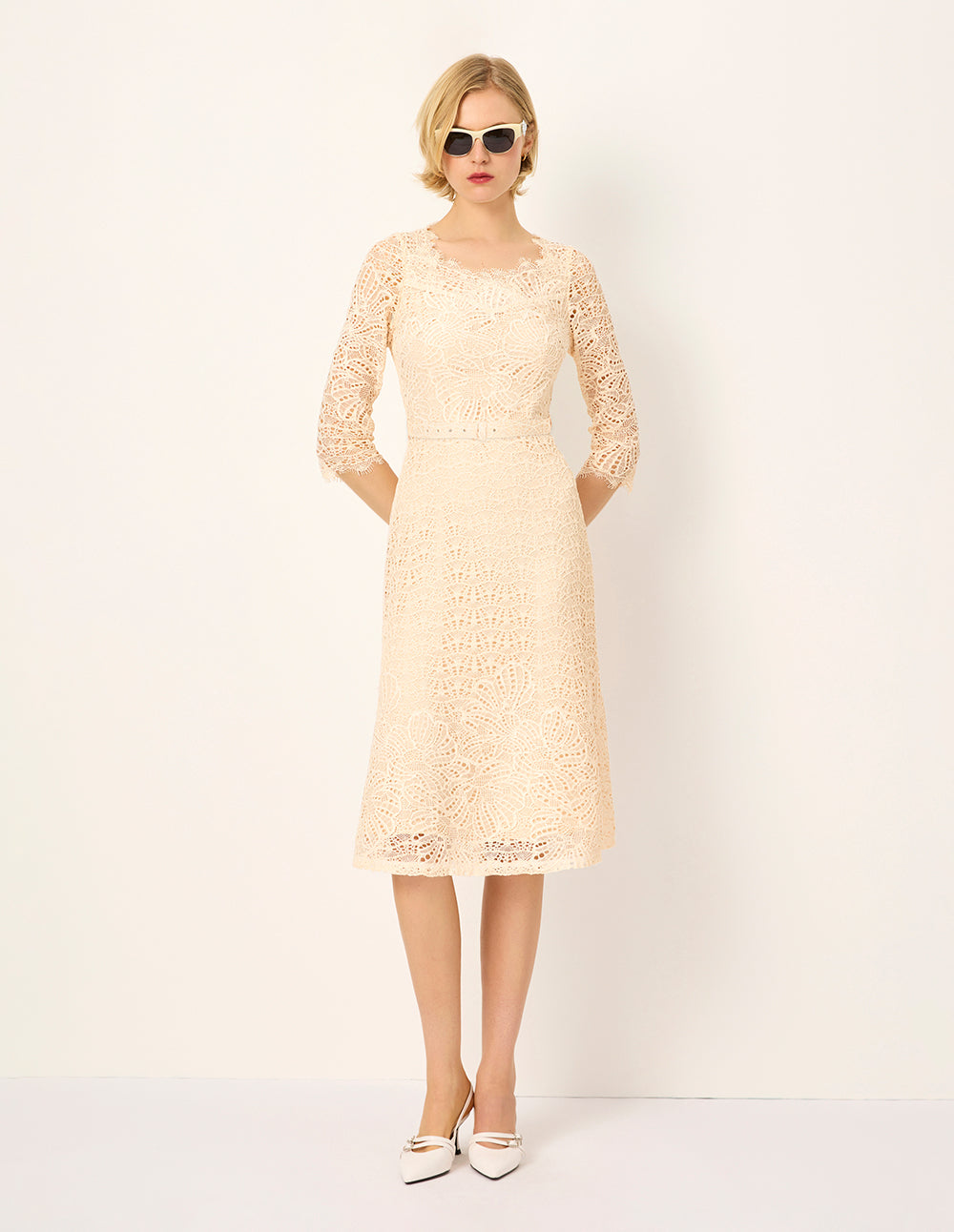 MARYLING Square-Neck 1/2 Sleeve Empire-Waist Fishtail Lace Dress