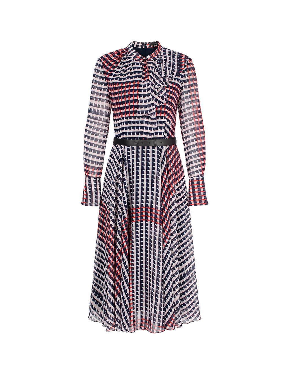MARYLING Stand-Collar Trumpet Sleeves Houndstooth Pleated Midi Dress