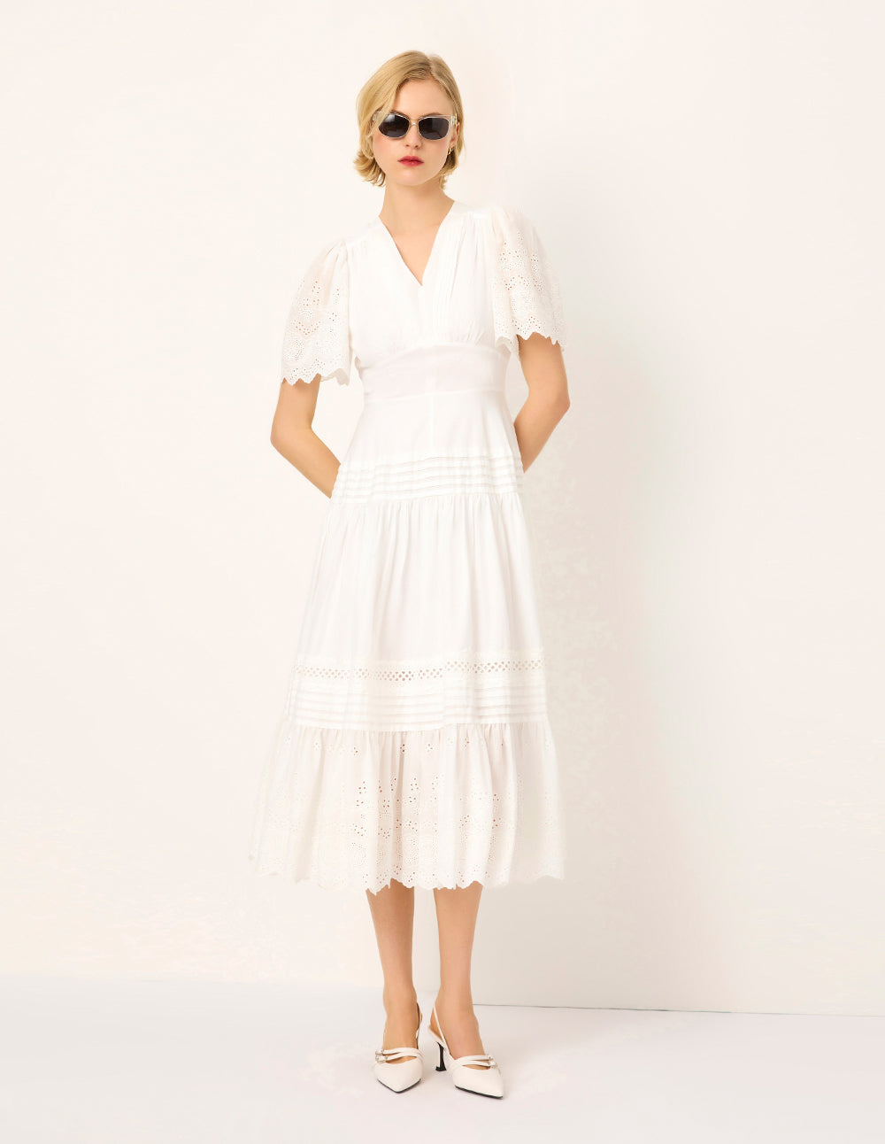 MARYLING V-Neck Short-Sleeve Lace Empire-Waist Flounce Midi Dress