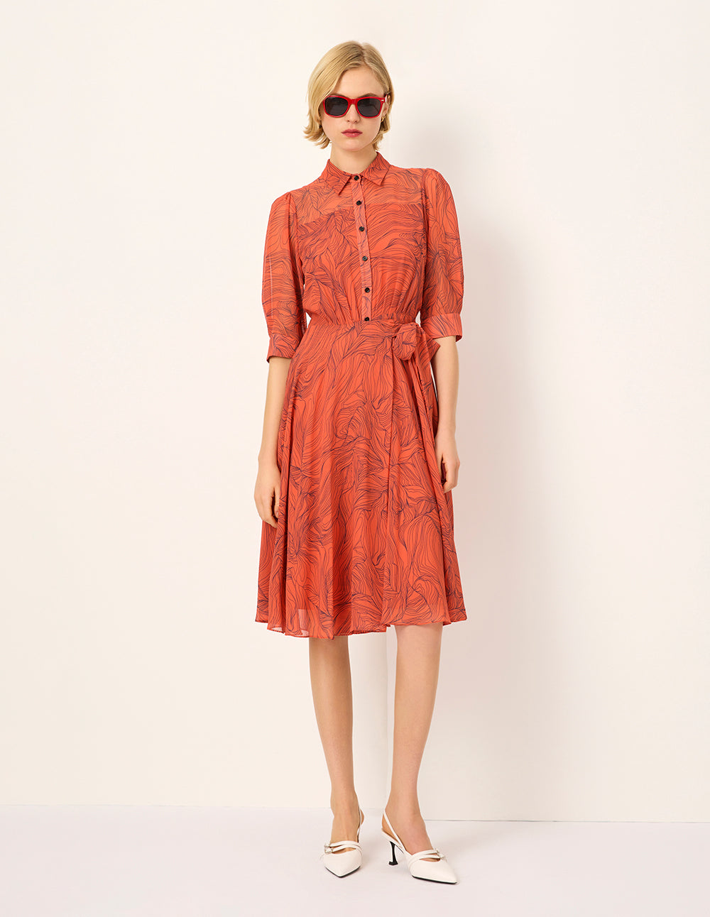 MARYLING Tie-Waist Floral Printed Short Sleeve Pleated Midi Shirt Dress