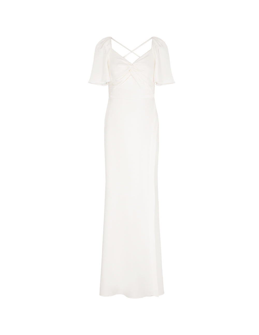 MARYLING V-Neck Flared Short-Sleeves Gathered Backless Satin White Evening Gown Dress