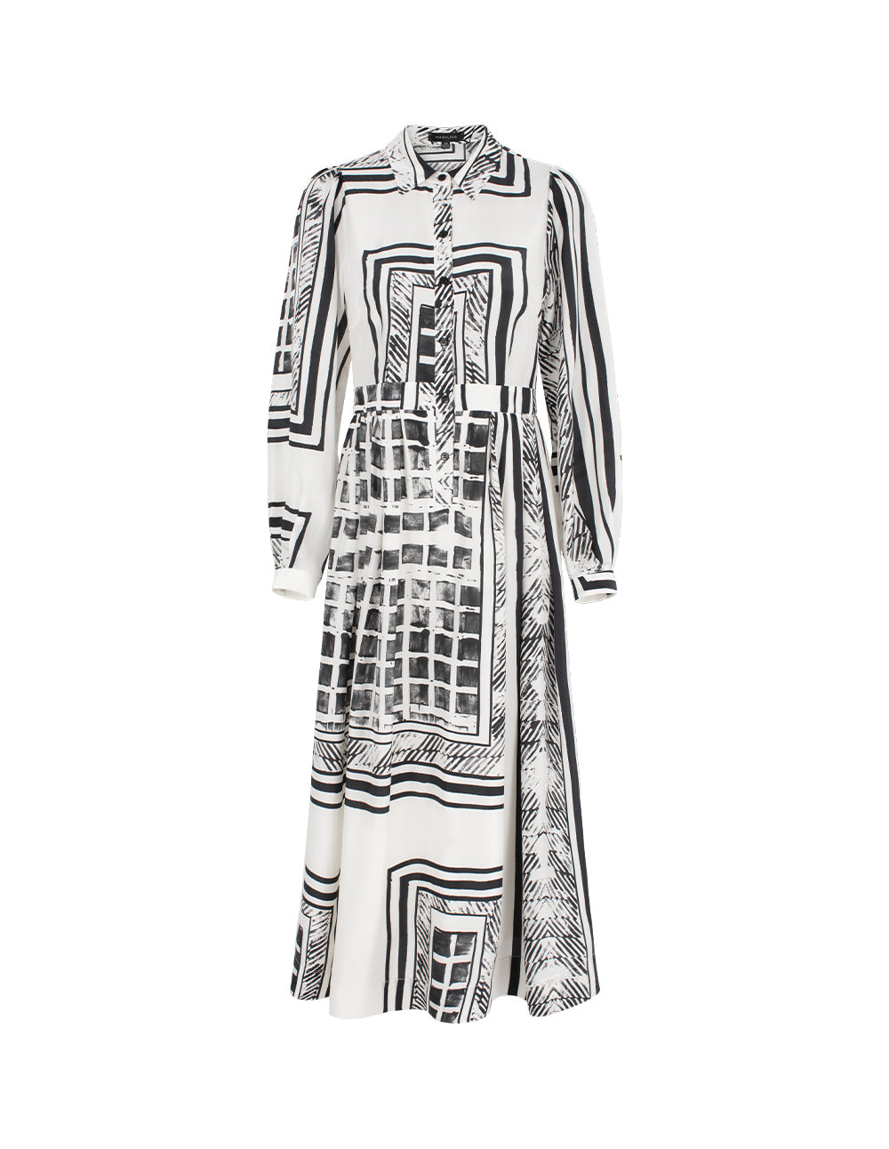 MARYLING Bubble Long Sleeve Black & White Printed Midi Shirt Dress