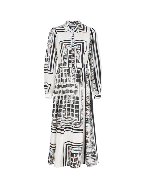 MARYLING Bubble Long Sleeve Black & White Printed Midi Shirt Dress