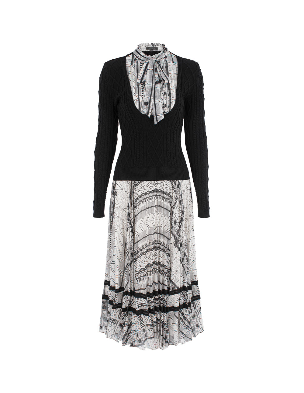 MARYLING Stand Collar Tie-Front Print Knit Midi Dress