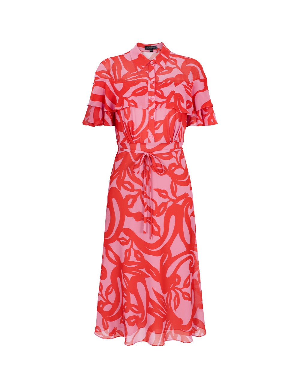 MARYLING Lapel Ruffle Short-Sleeve Floral Print Shirt Midi Dress