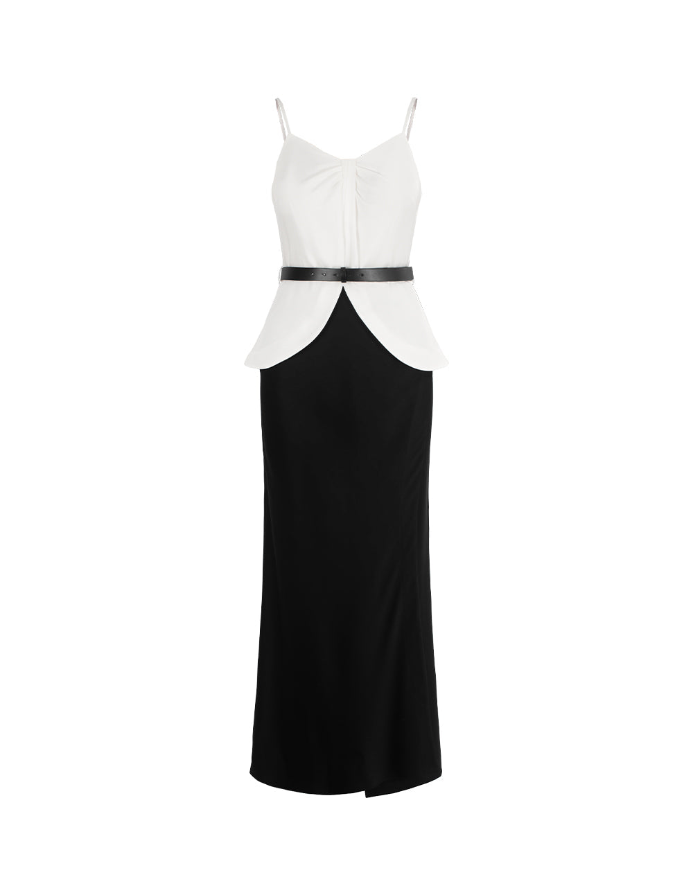 MARYLING Sleeveless Black White Color-Block Pleated Satin Slip Dress