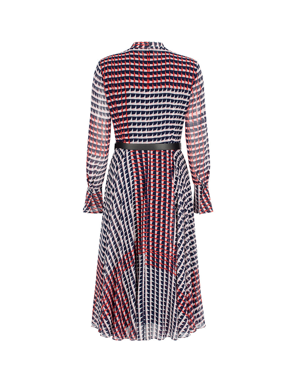 MARYLING Stand-Collar Trumpet Sleeves Houndstooth Pleated Midi Dress