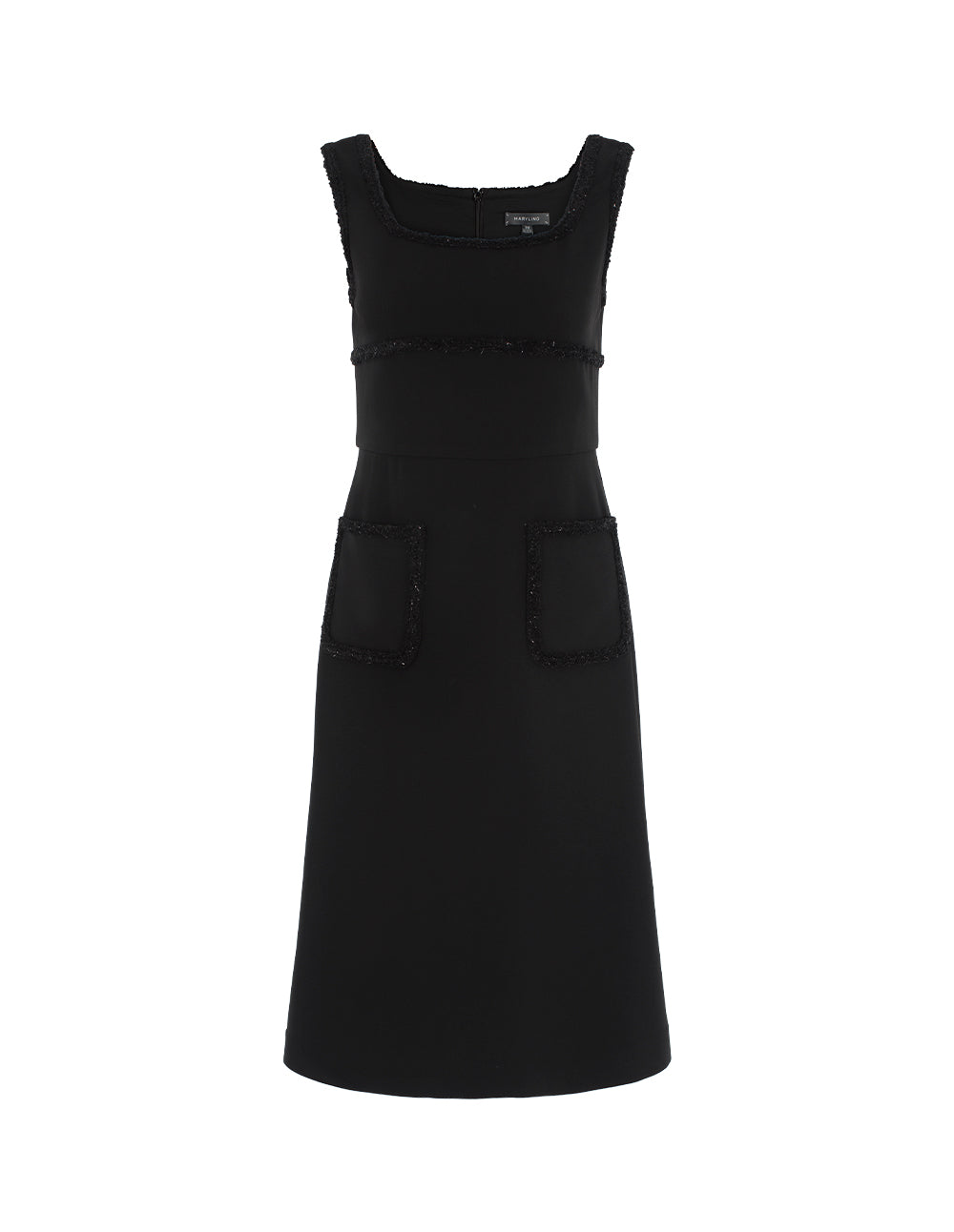 MARYLING Square Neck Sleeveless Tweed-Trim Midi Shift Dress