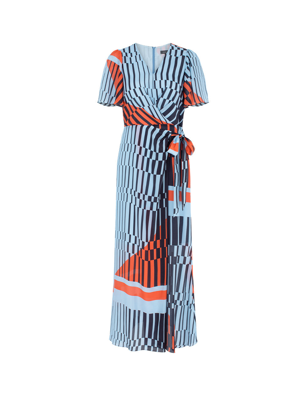 MARYLING V-Neck Short-Sleeve Wrap Empire-Waist Print Tie Silk Midi Dress