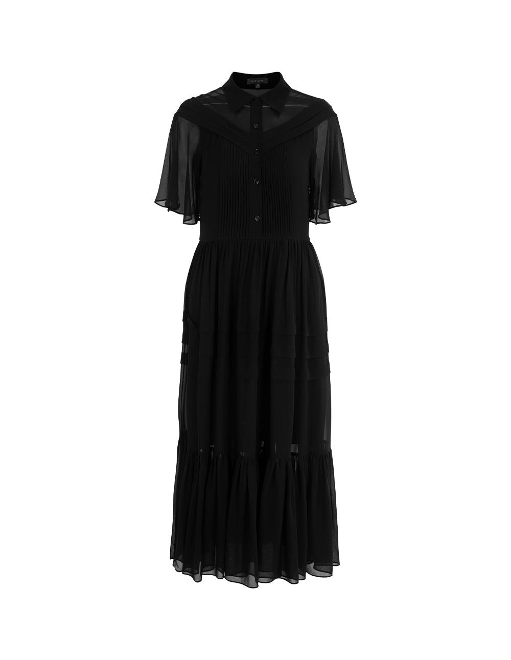 MARYLING Lapel Sheer Overlay Ruffled Short-Sleeve Pin-Tuck Empire-Waist Pleated Midi Dress
