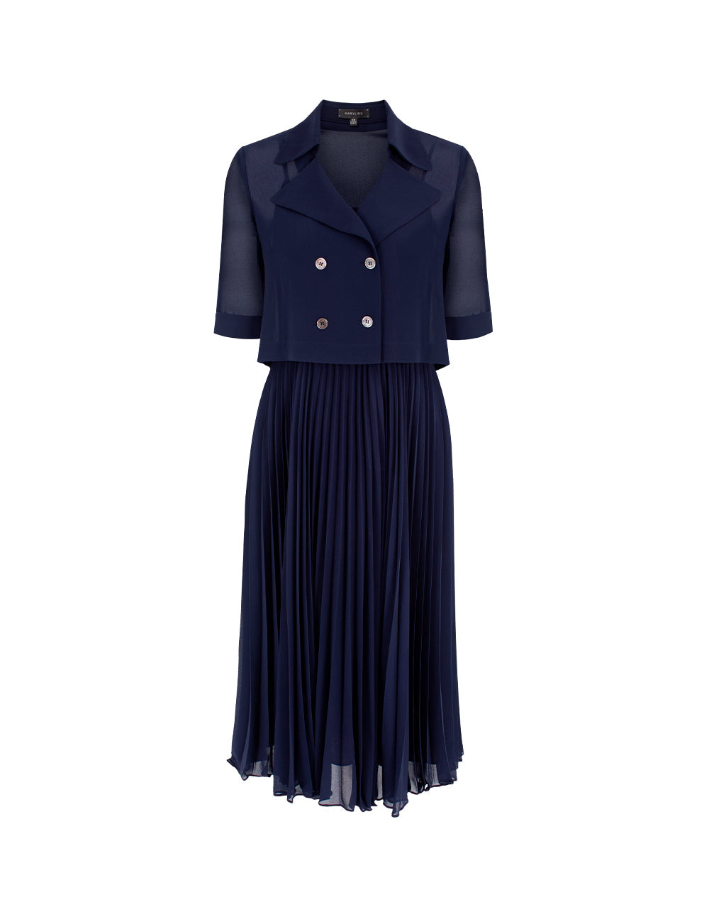 MARYLING Structured Collar Double-breasted Trench-Inspired Faux Two-Piece Pleated Midi Dress