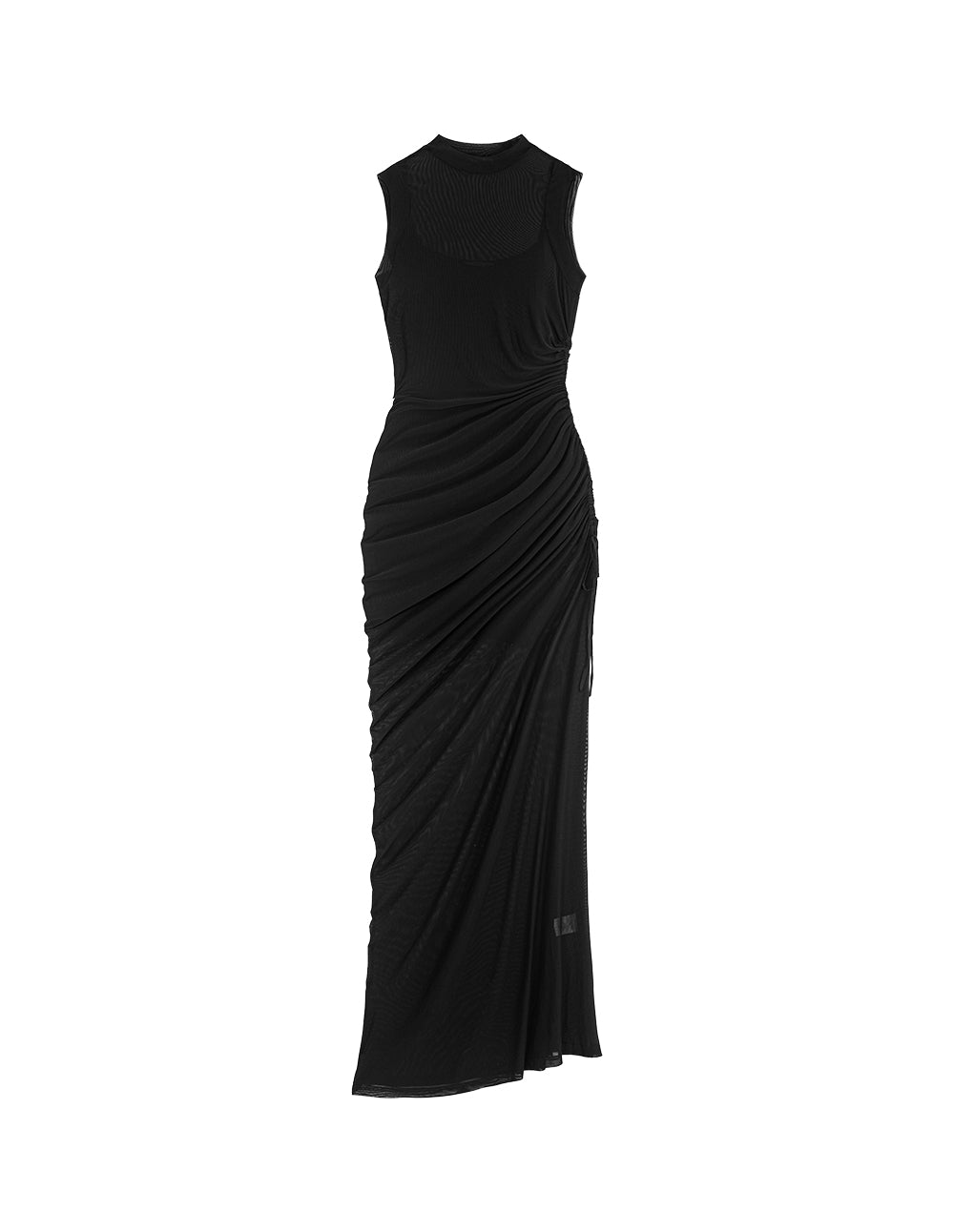 MARYLING Round Neck Sleeveless Sheer Side-Pleated Maxi Dress