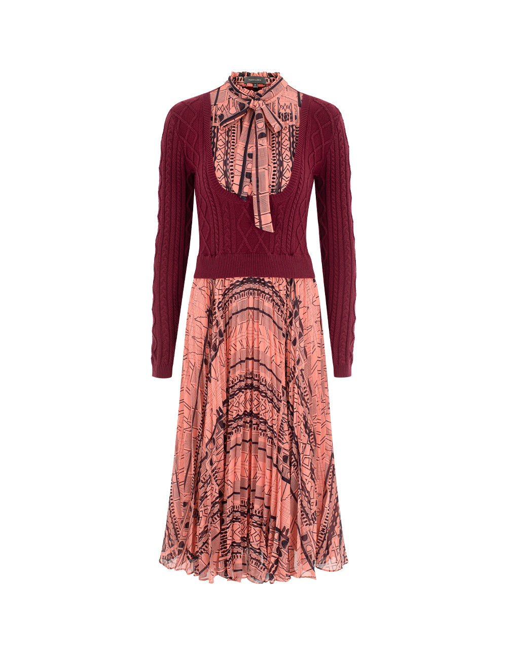 MARYLING Ruffled Turtleneck Tie-Up Printed Patchwork Pleated Knit Midi Dress