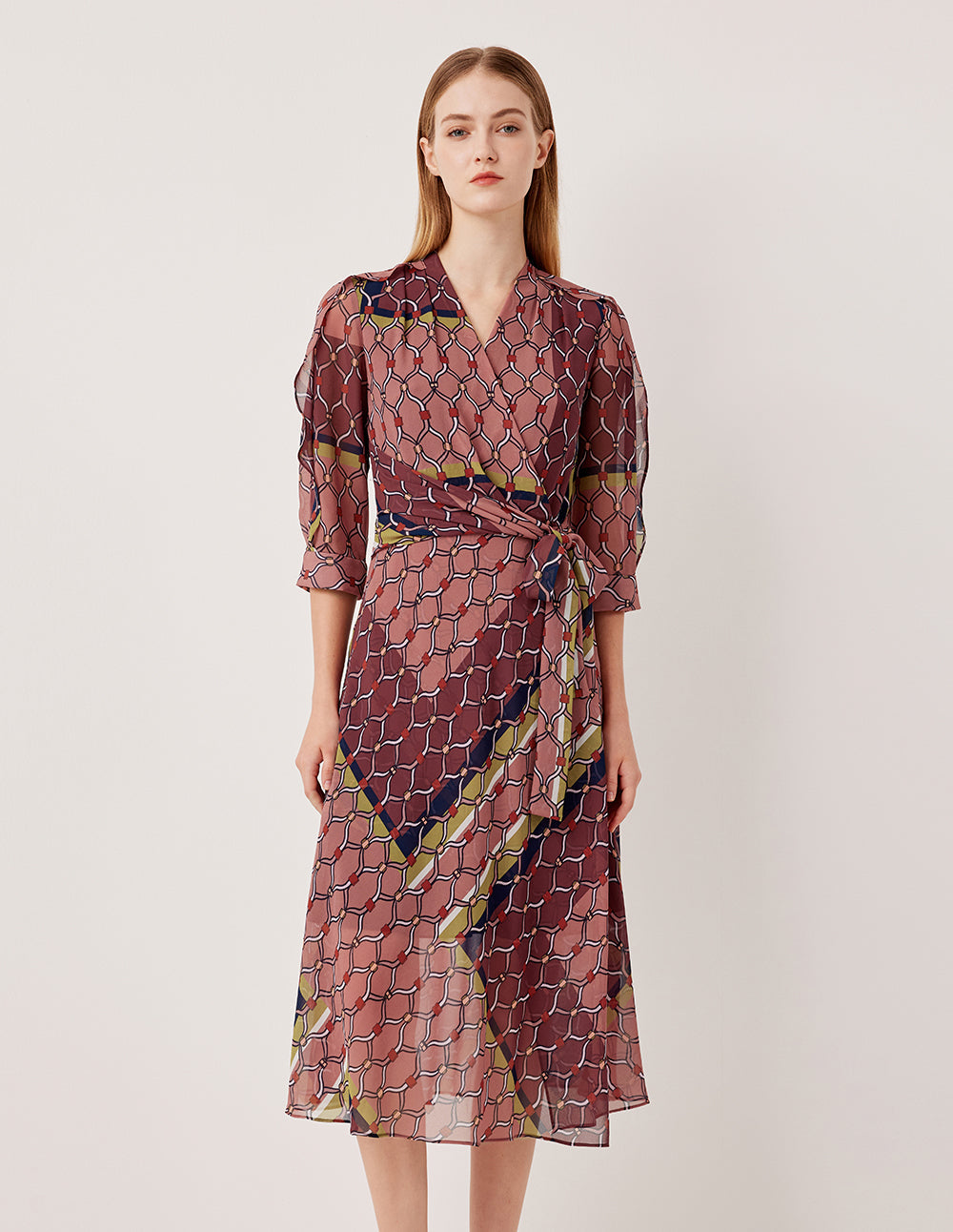 MARYLING V-Neck 3/4 Sleeve Wrap Midi Dress with Geometric Print