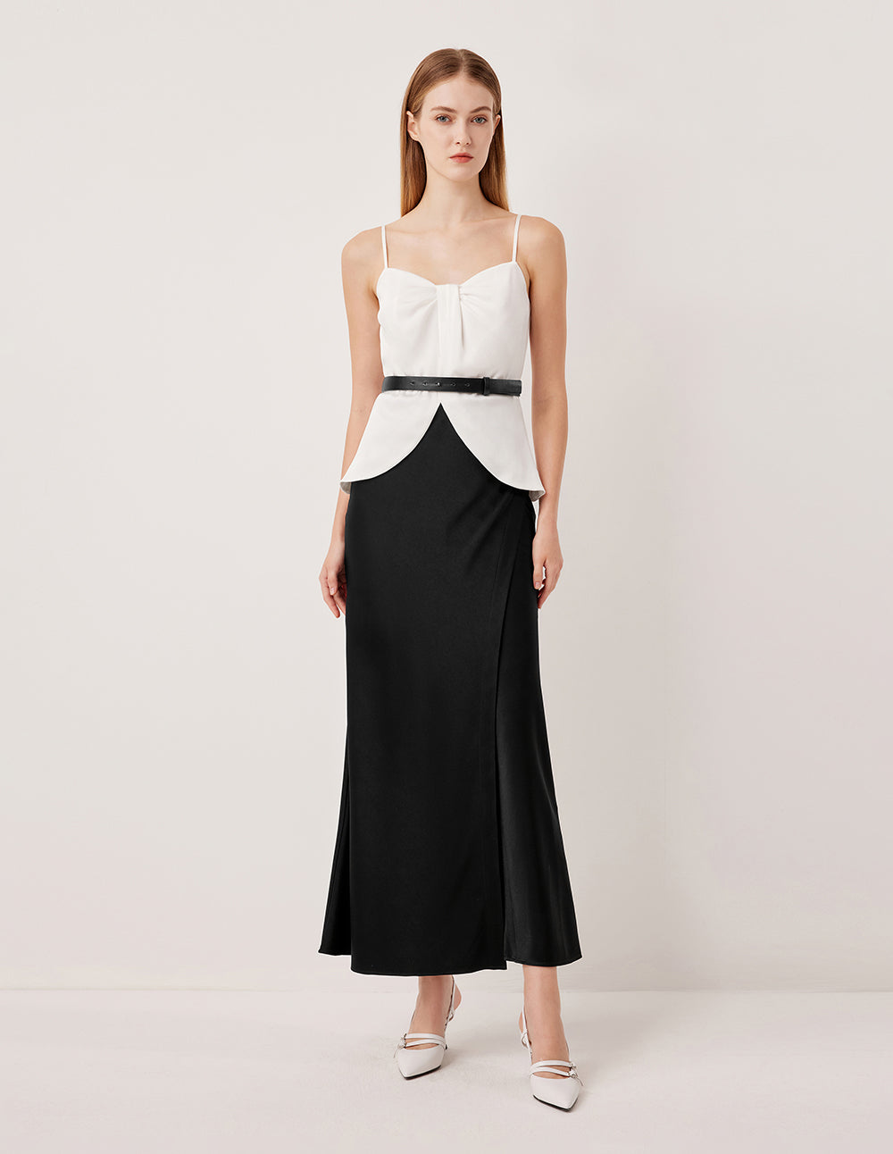 MARYLING Sleeveless Black White Color-Block Pleated Satin Slip Dress