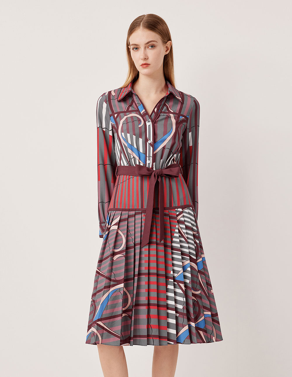 MARYLING Collared Pink-Purple Contrast Abstract Stripe Belted Long Shirt Dress