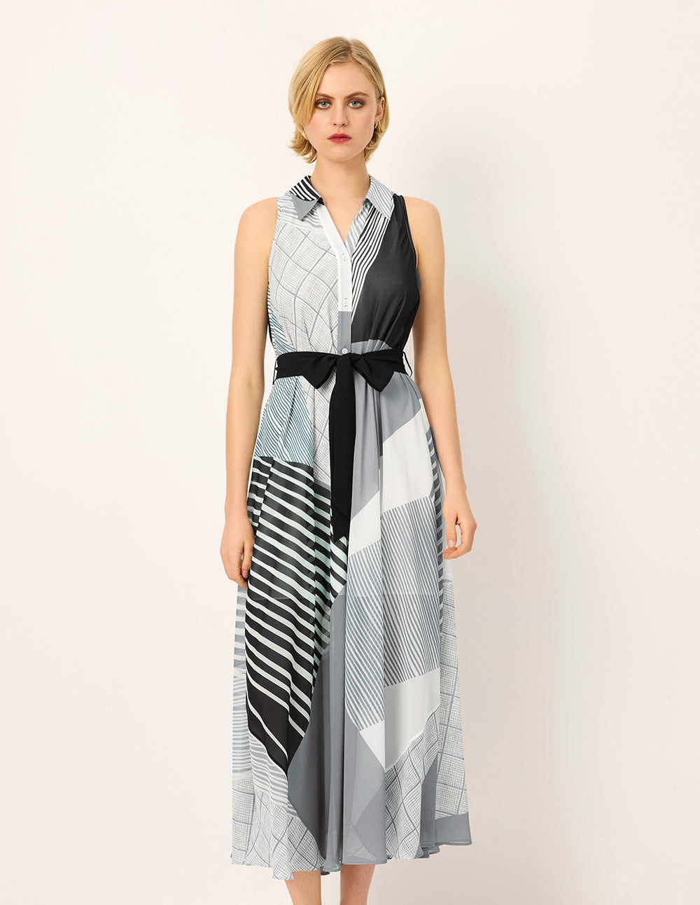 MARYLING Lapel sleeveless striped Print Midi Dress