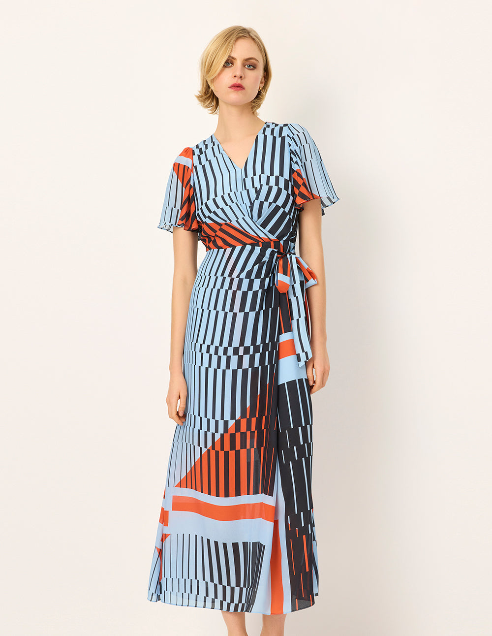 MARYLING V-Neck Short-Sleeve Wrap Empire-Waist Print Tie Silk Midi Dress