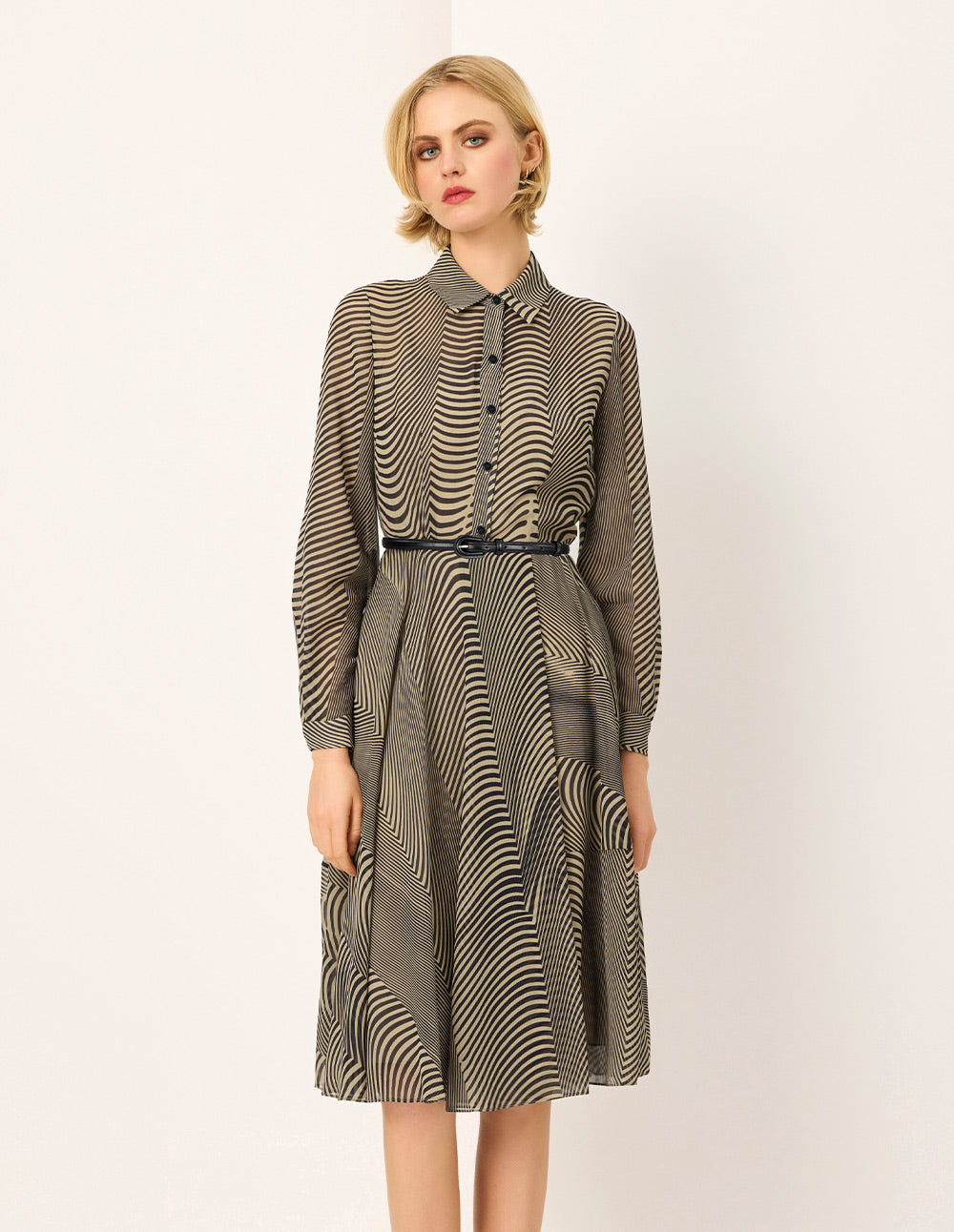 MARYLING Black Striped Print Midi Shirt Dress