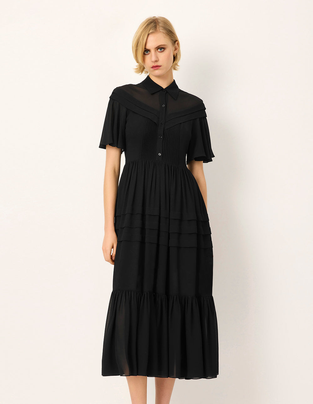 MARYLING Lapel Sheer Overlay Ruffled Short-Sleeve Pin-Tuck Empire-Waist Pleated Midi Dress