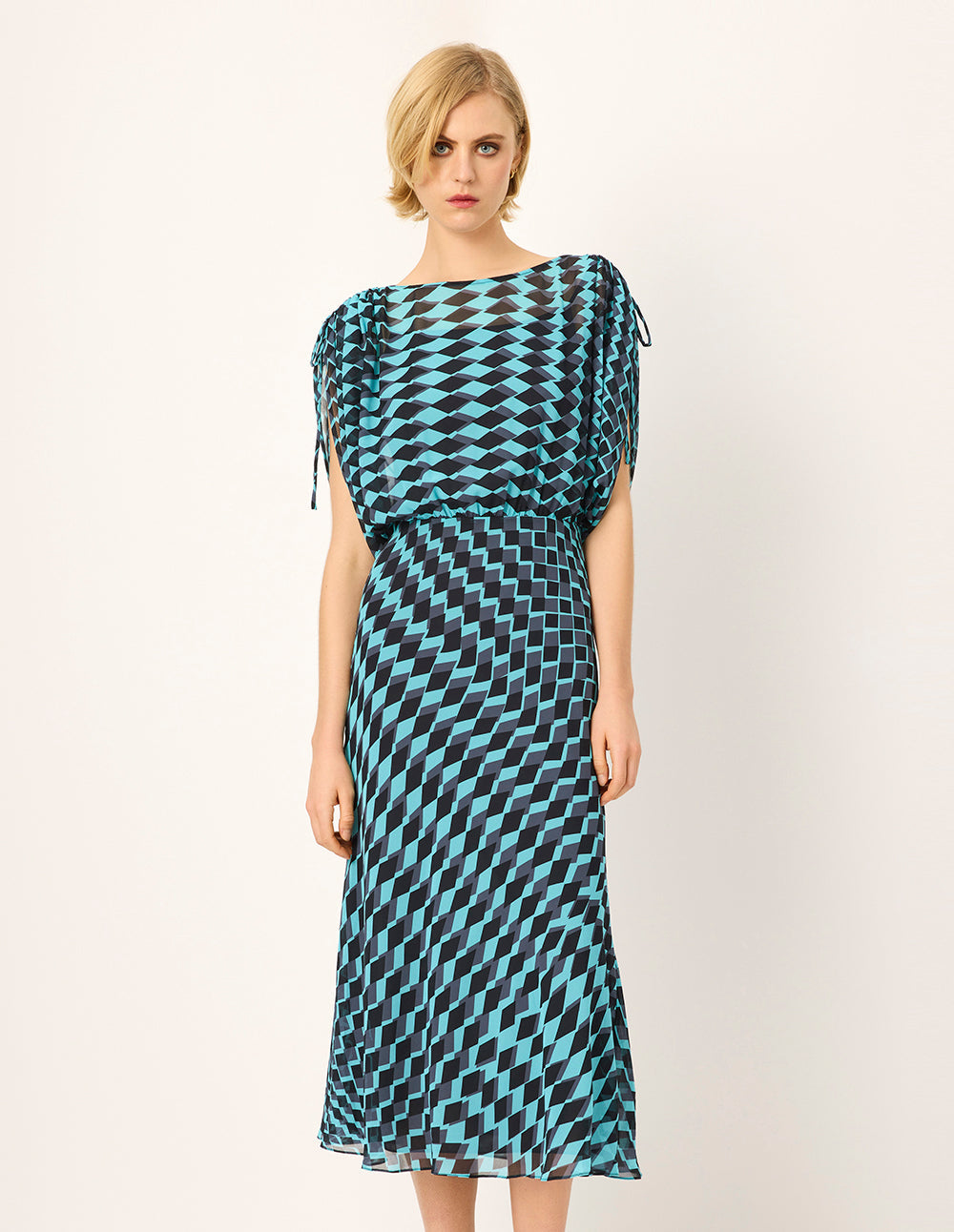 MARYLING Round Neck Short-Sleeve Geometric Print Empire-Waist Midi Dress