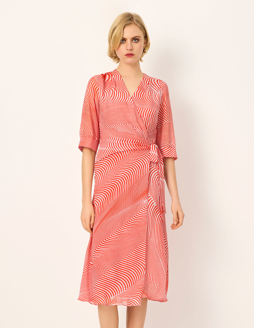 MARYLING V-Neck Half-Sleeve Striped-Print Midi Wrap Dress