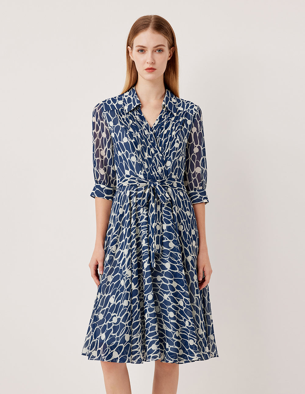 MARYLING V-Neck Puff Sleeve Pin Tuck Glass-Bead Print Shirt Dress